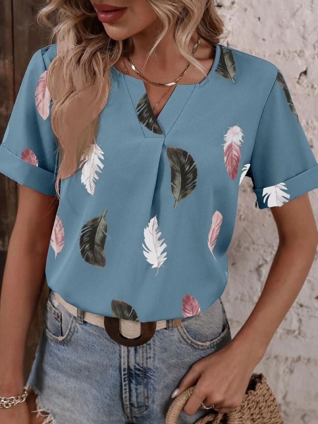 

KPOP Women Tropical Printed V-Neck Top, Blue