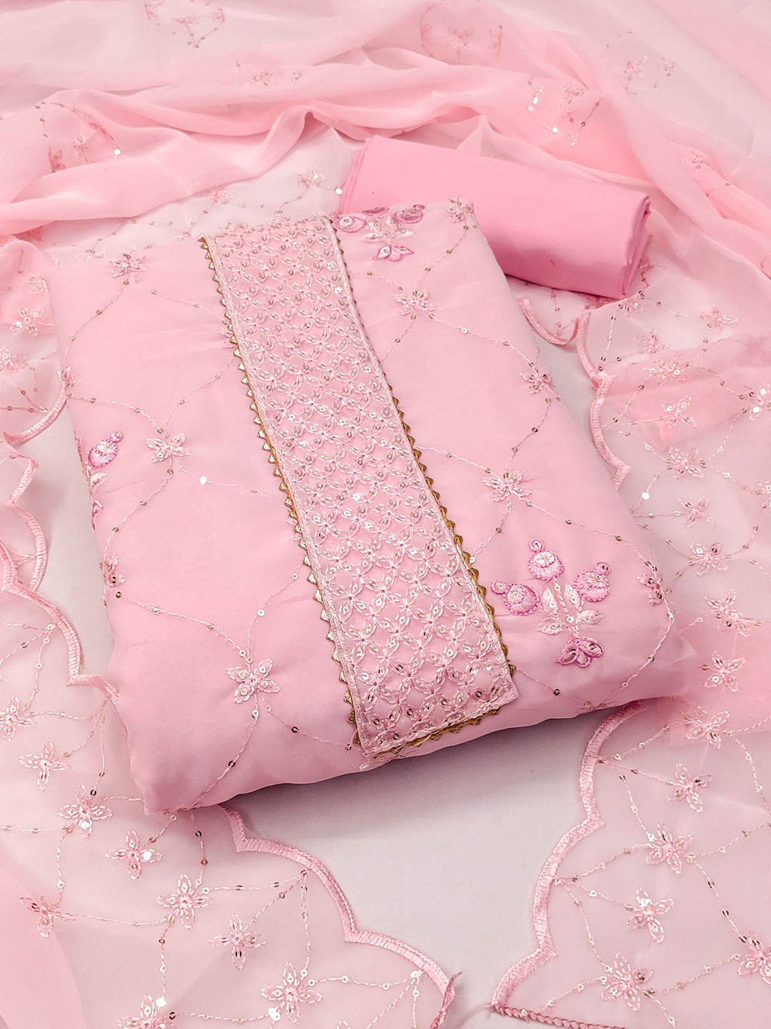 

KALINI Floral Embroidered Sequinned Silk Georgette Unstitched Dress Material, Pink