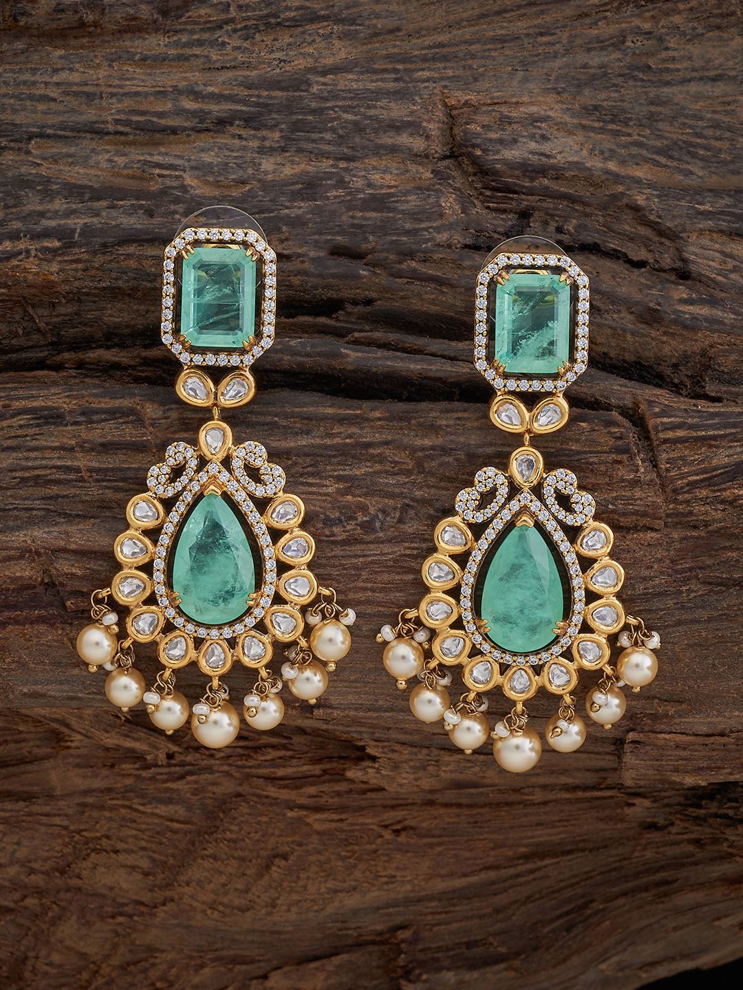 

Kushal's Fashion Jewellery Kundan Studded Teardrop Shaped Drop Earrings, Gold