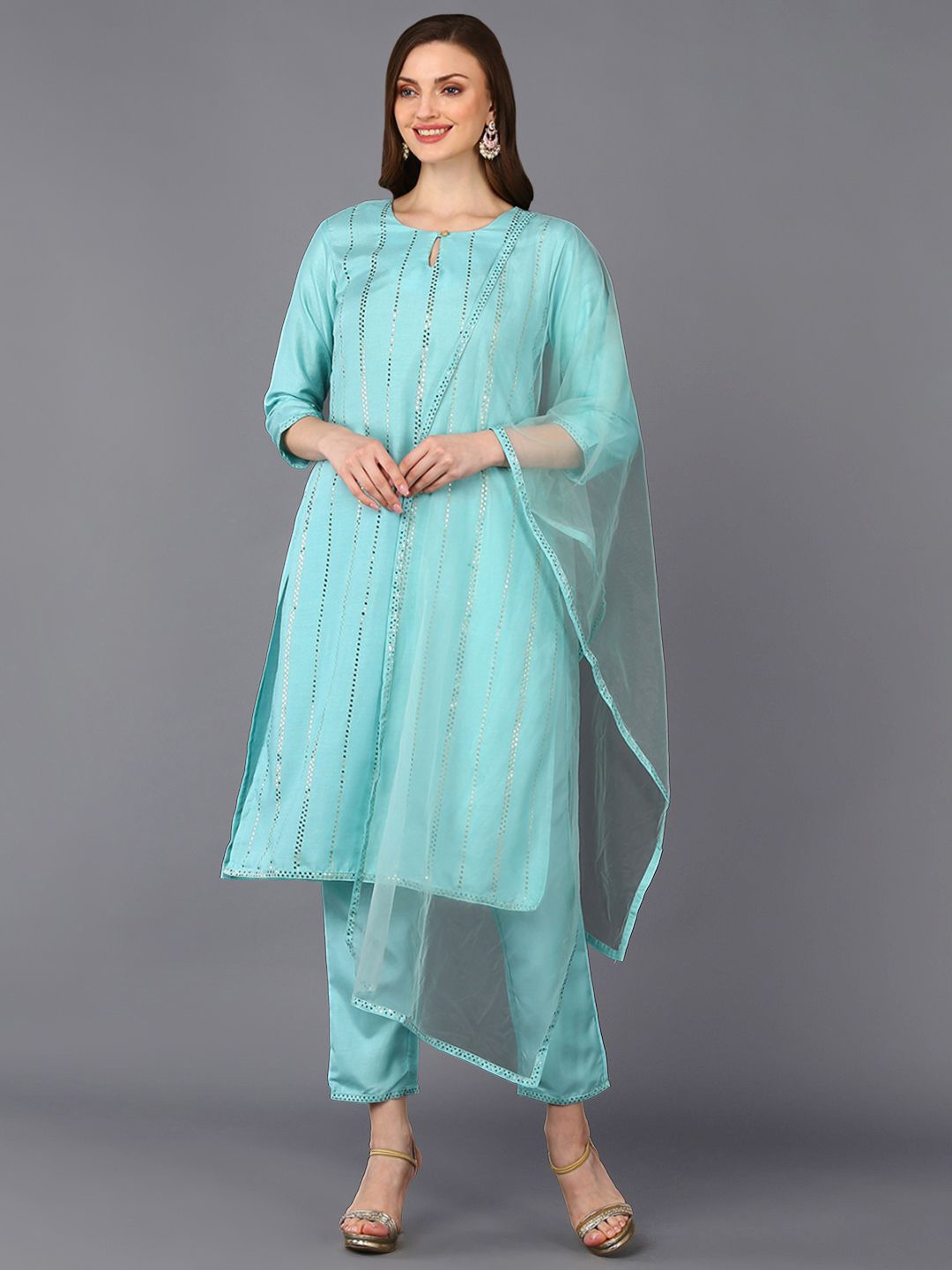 

KALINI Women Embroidered Regular Beads and Stones Kurta with Trousers & With Dupatta, Turquoise blue