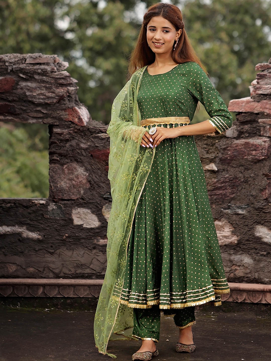 

HERE&NOW Women Printed Regular Kurta with Palazzos & With Dupatta, Green