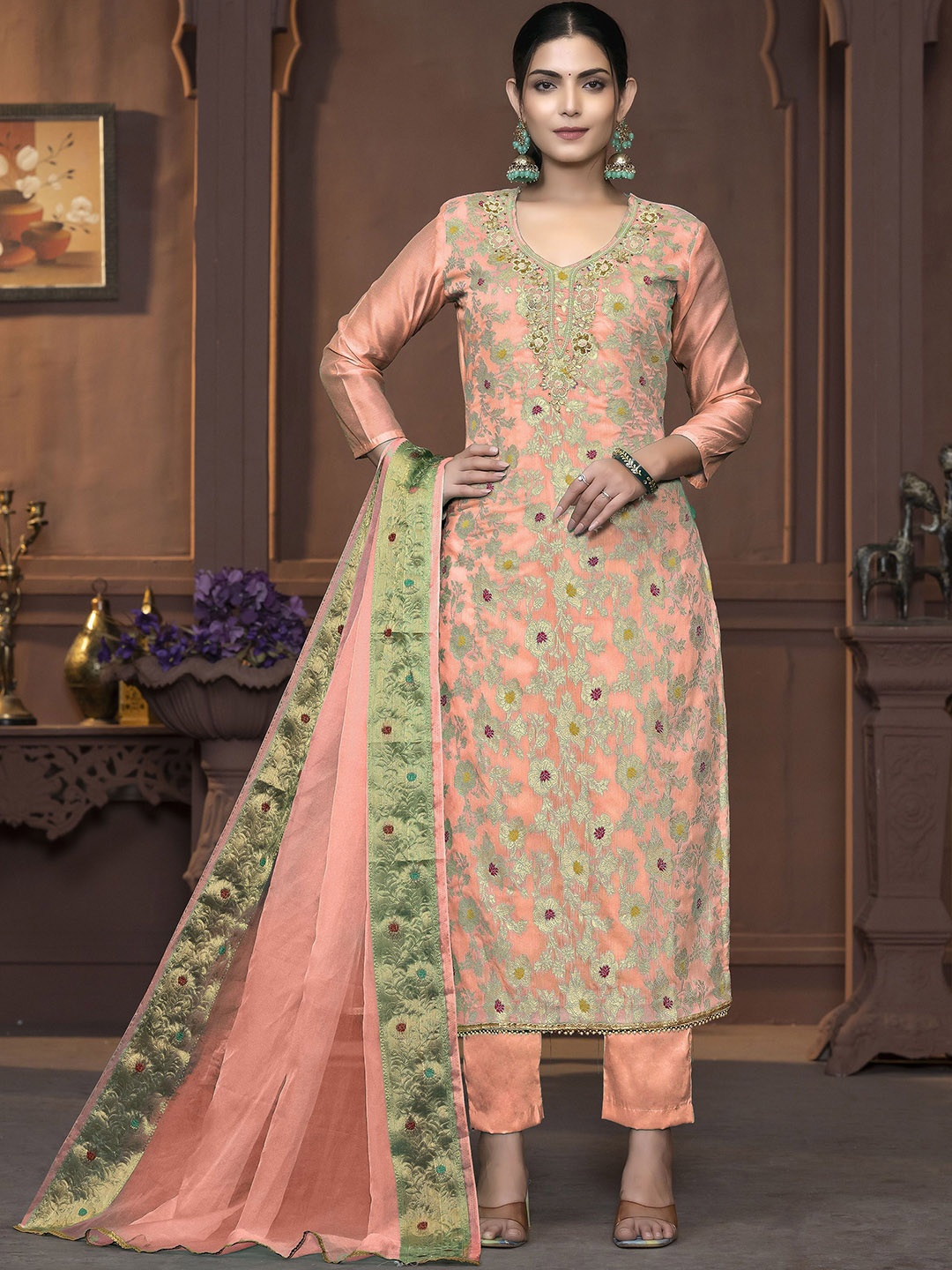 

MANVAA Woven Design Unstitched Dress Material, Peach