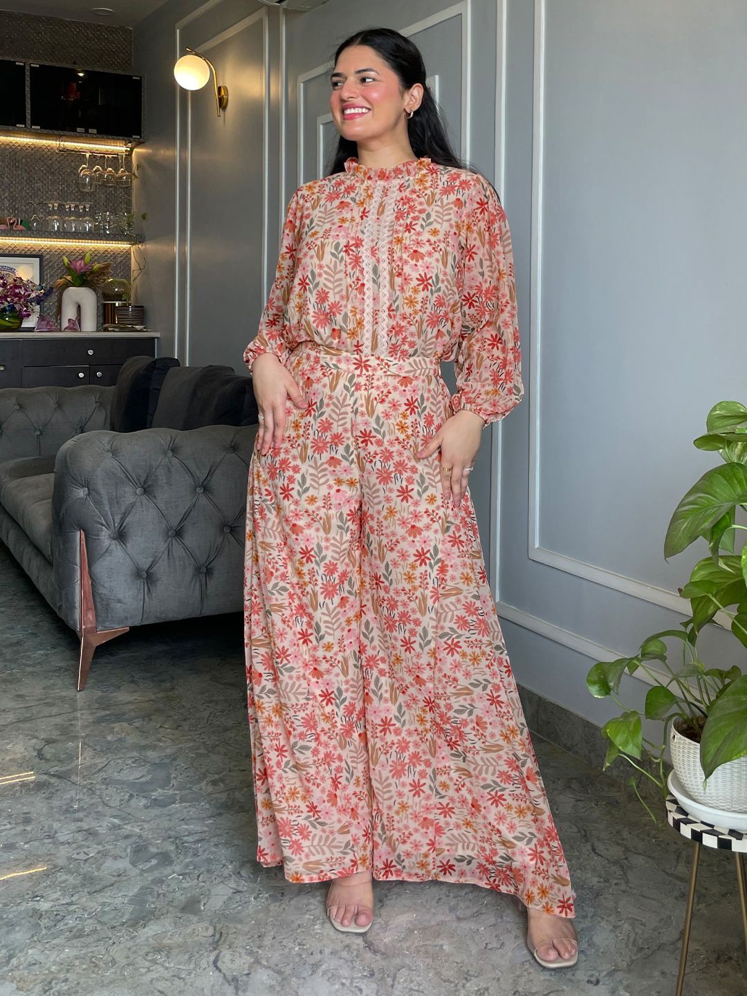 

Janasya Floral Printed Top & Palazzo, Beige