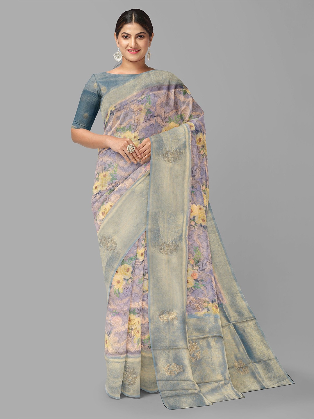 

The Chennai Silks Floral Beads and Stones Organza Banarasi Saree, Lavender