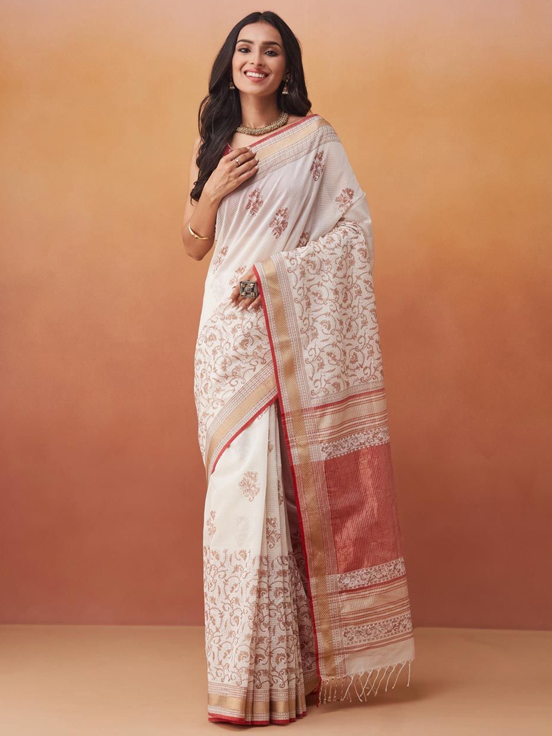 

Fabindia Natural Cotton Silk Blend Hand Block Printed Sari, Off white