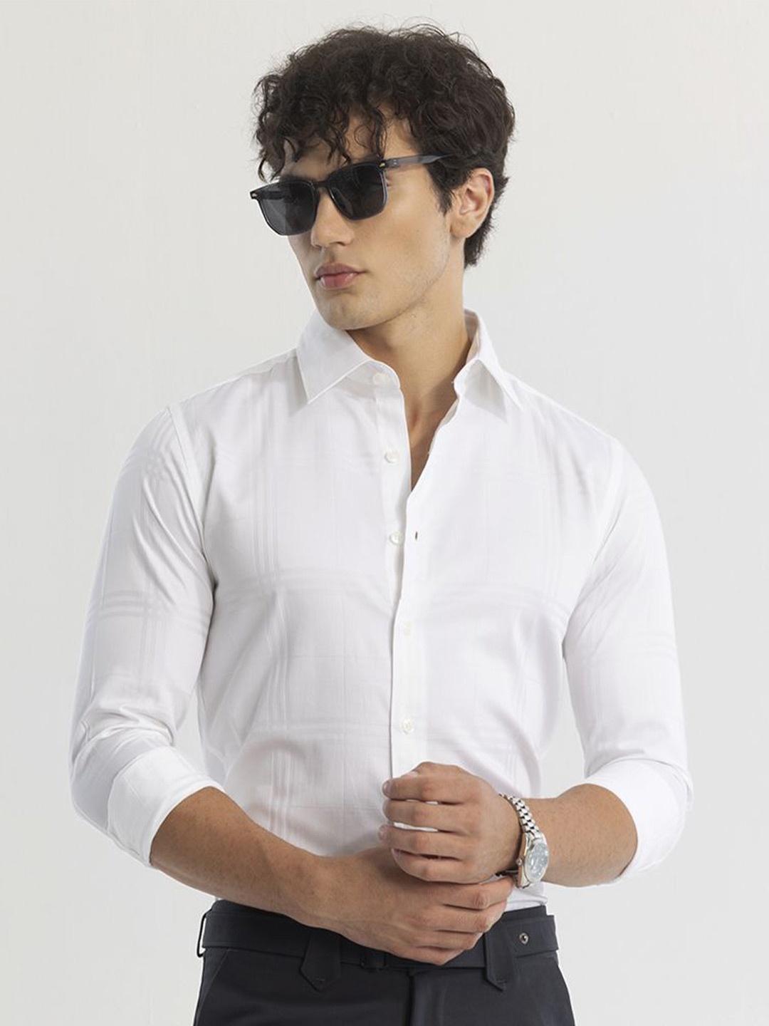 

Snitch Men Smart Slim Fit Opaque Checked Formal Shirt, White