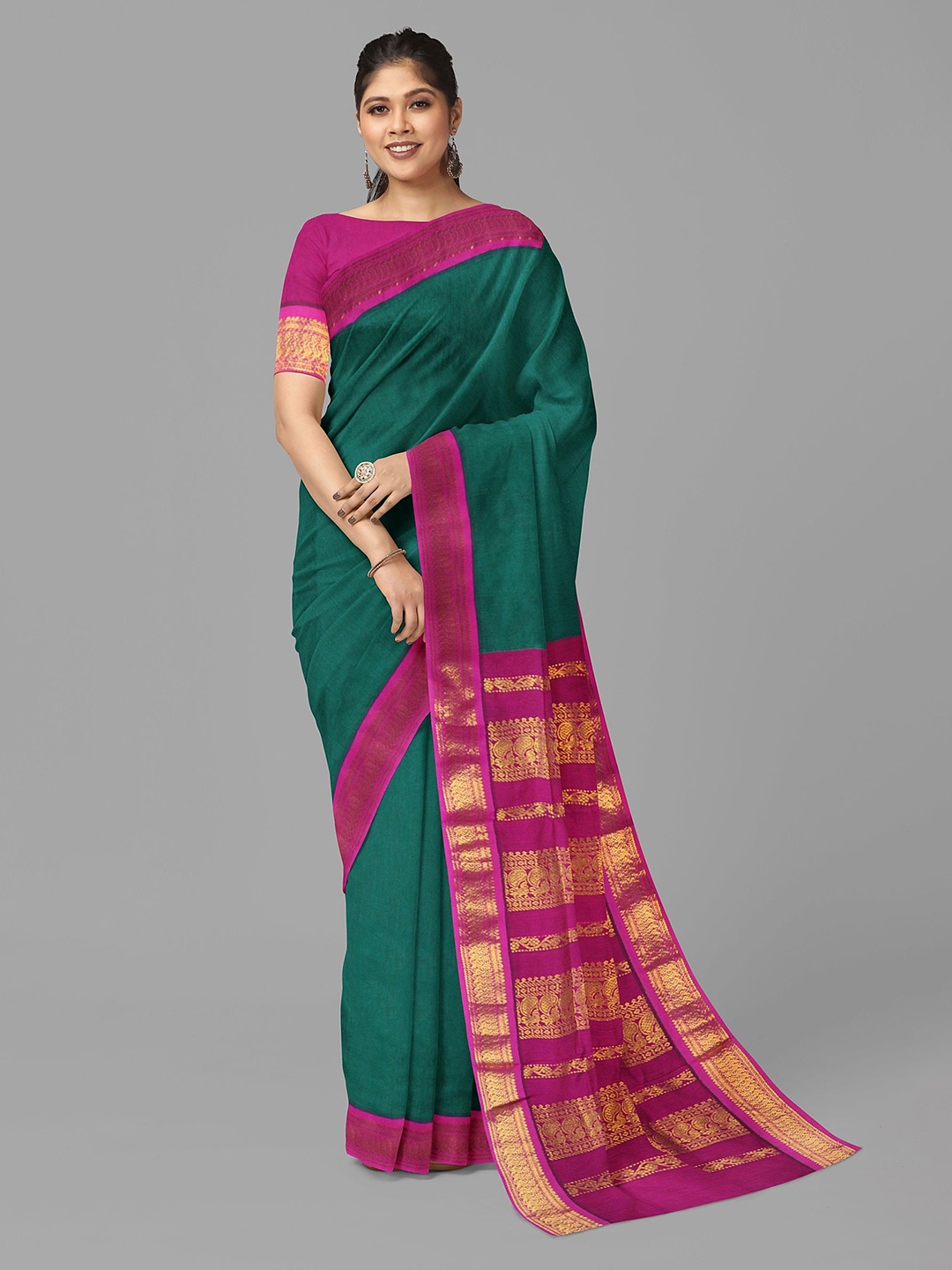 

The Chennai Silks Solid Saree With Zari Border, Green