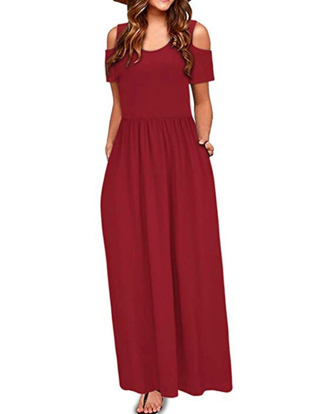 

KPOP Cold-Shoulder A-Line Maxi Dress, Red