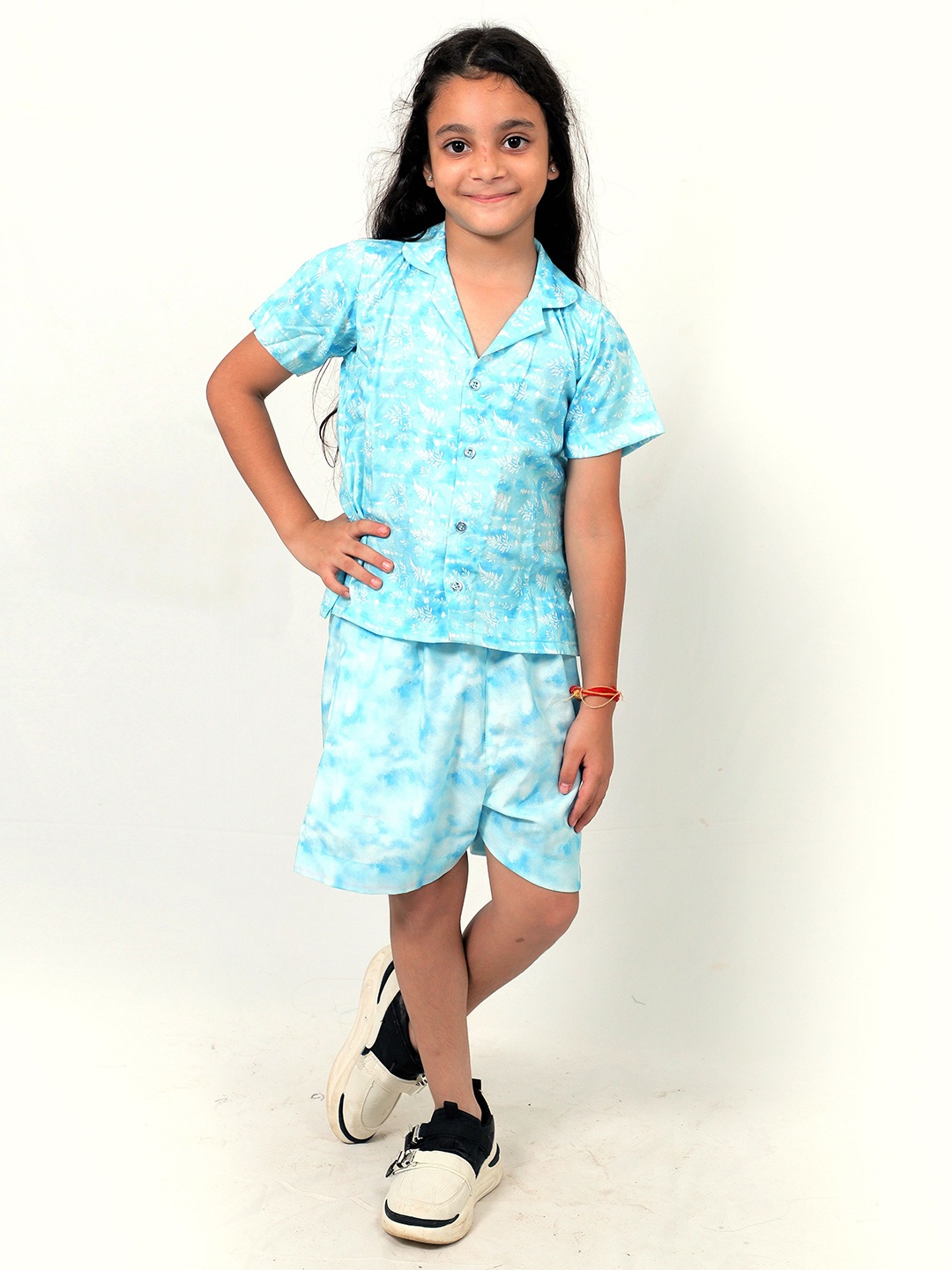 

TILISM Girls Printed Cuban Collar Pure Cotton Shirt With Shorts, Blue