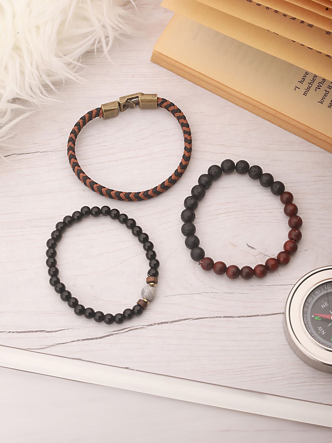 

Jazz and Sizzle Men Set of 3 Beaded Elasticated Bracelet, Black