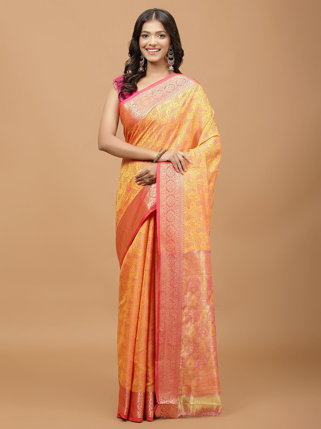 

Meena Bazaar Ethnic Motifs Woven Design Zari Saree, Yellow