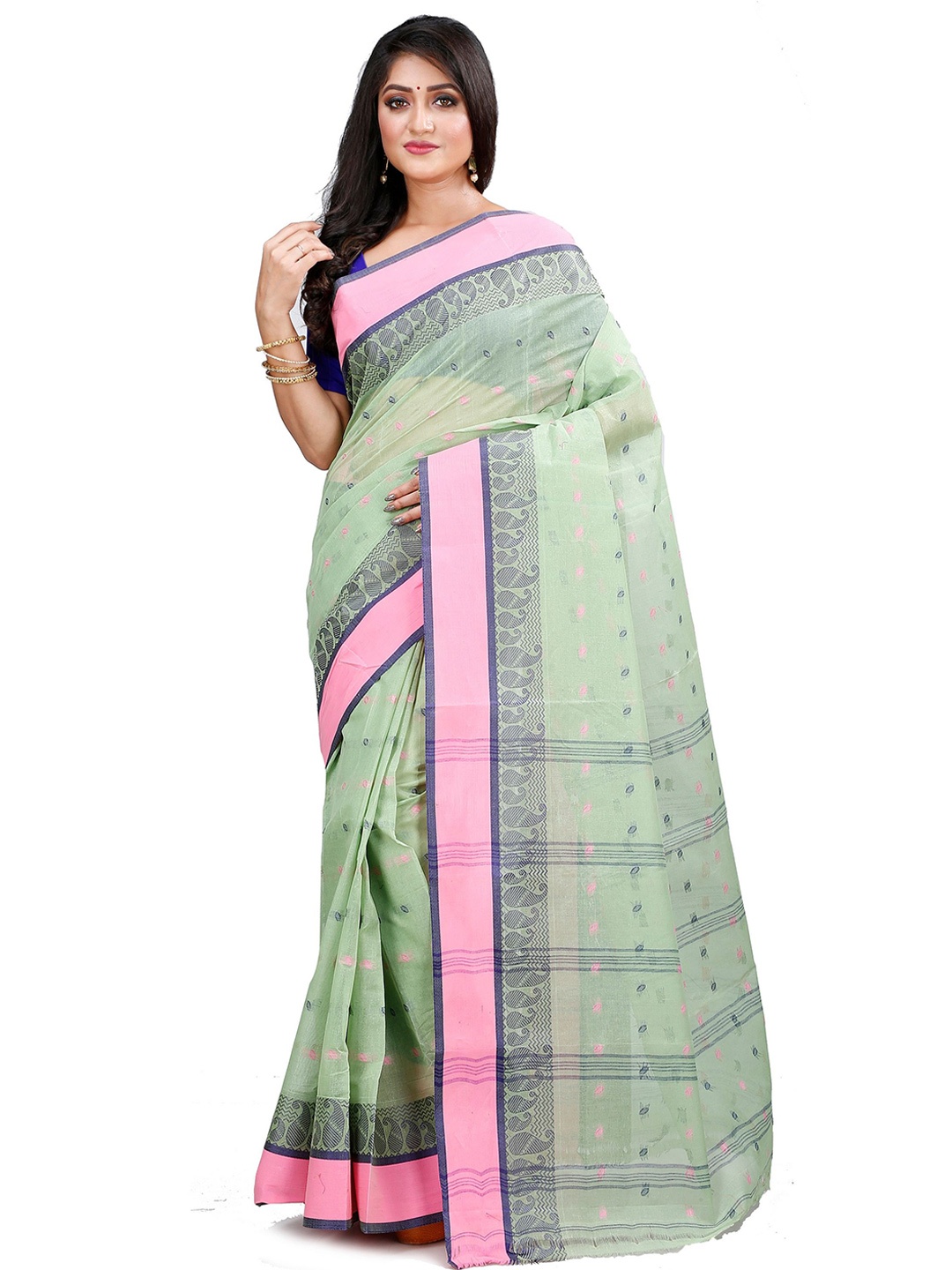 

DipDiya Woven Design Patchwork Pure Cotton Taant Saree, Olive