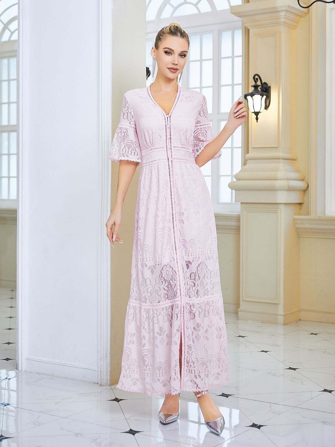 

KPOP Women Solid V- Neck Bohemian A-Line Maxi Dress, Lavender