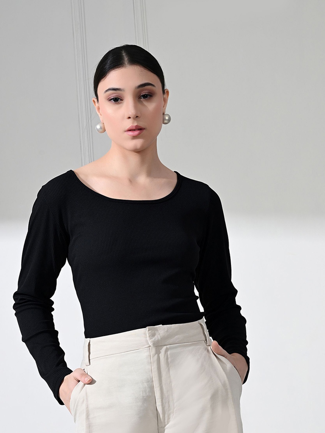 

BAESD Women Solid Boat Neck Top, Black