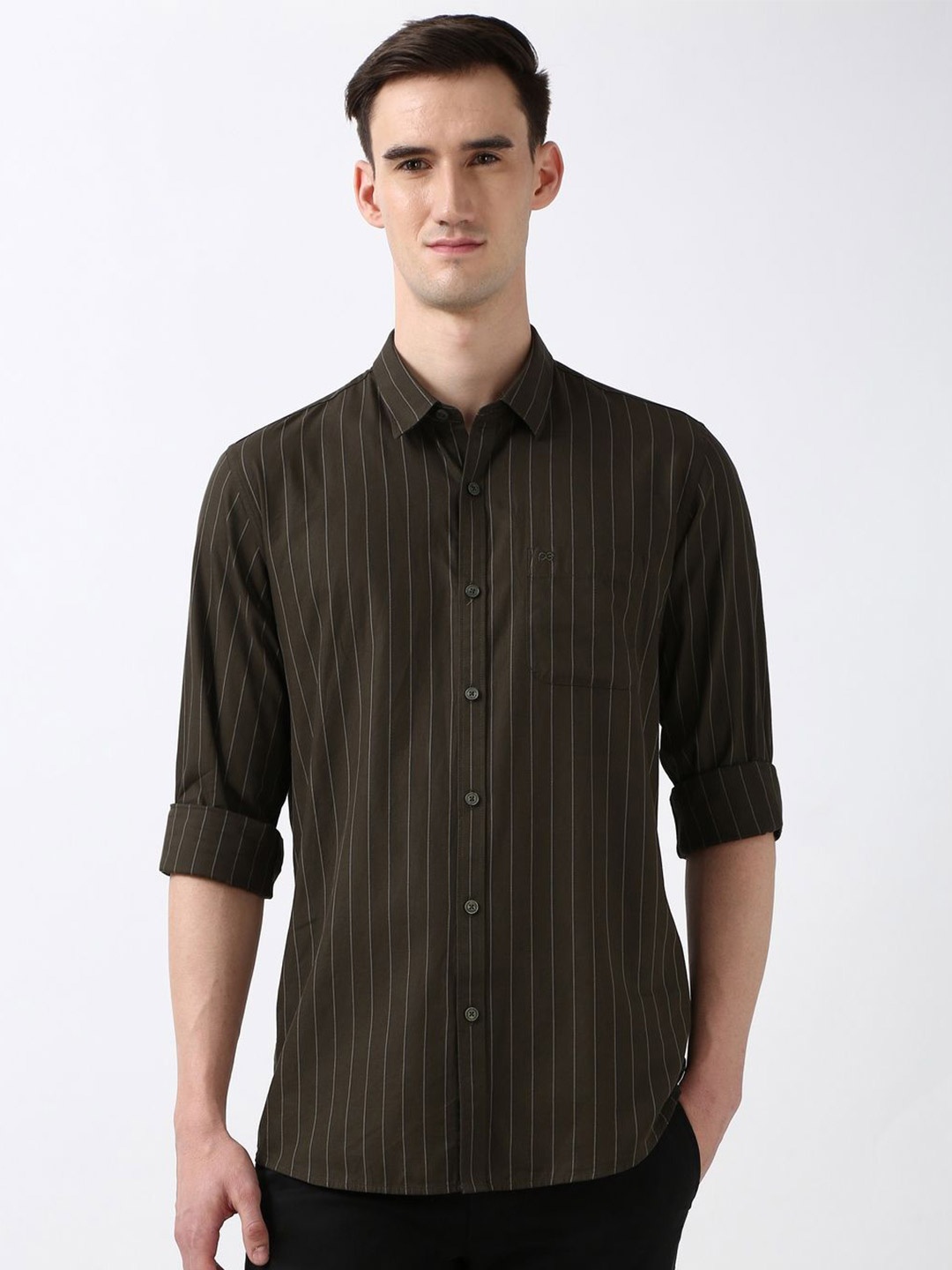 

Peter England Casuals Men Spread Collar Vertical Striped Cotton Slim Fit Casual Shirt, Brown