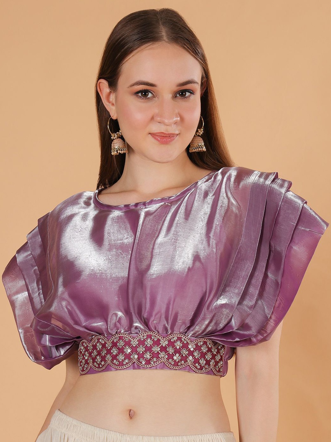 

Frolic Rolic Solid Organza Round Neck Embellished Belt Saree Blouse With Inner Cami, Purple