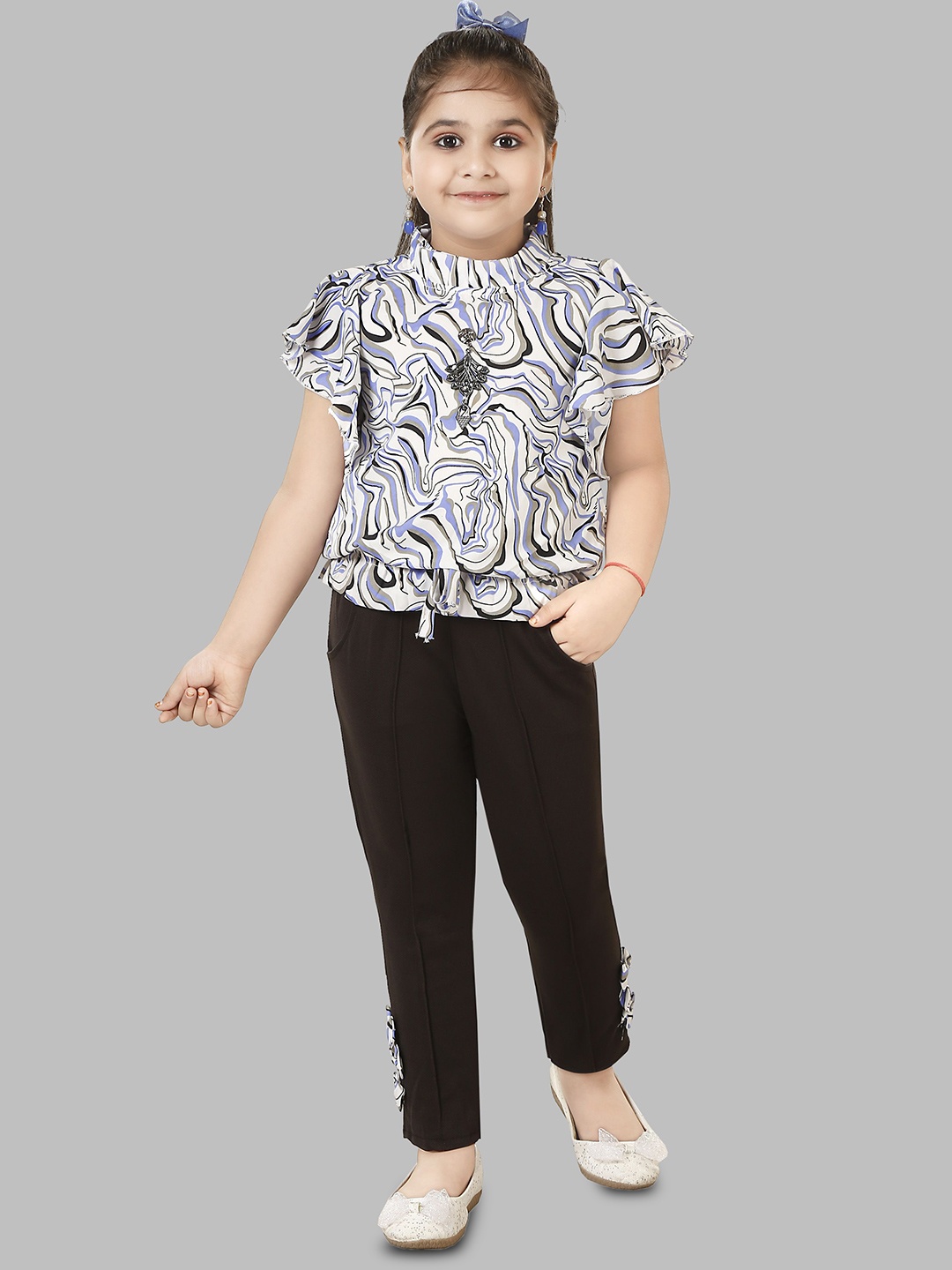 

BAESD Girls Abstract Printed High Neck Flutter Sleeves Top With Trousers, Blue