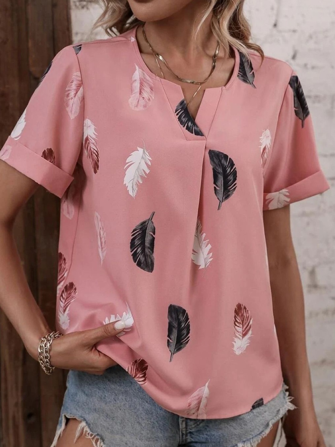 

KPOP Women Tropical Printed V-Neck Top, Pink