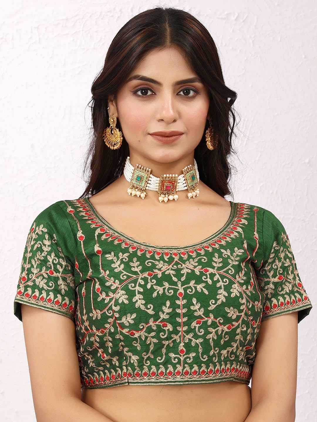 

Globon Embroidered Silk Padded Saree Blouse, Green