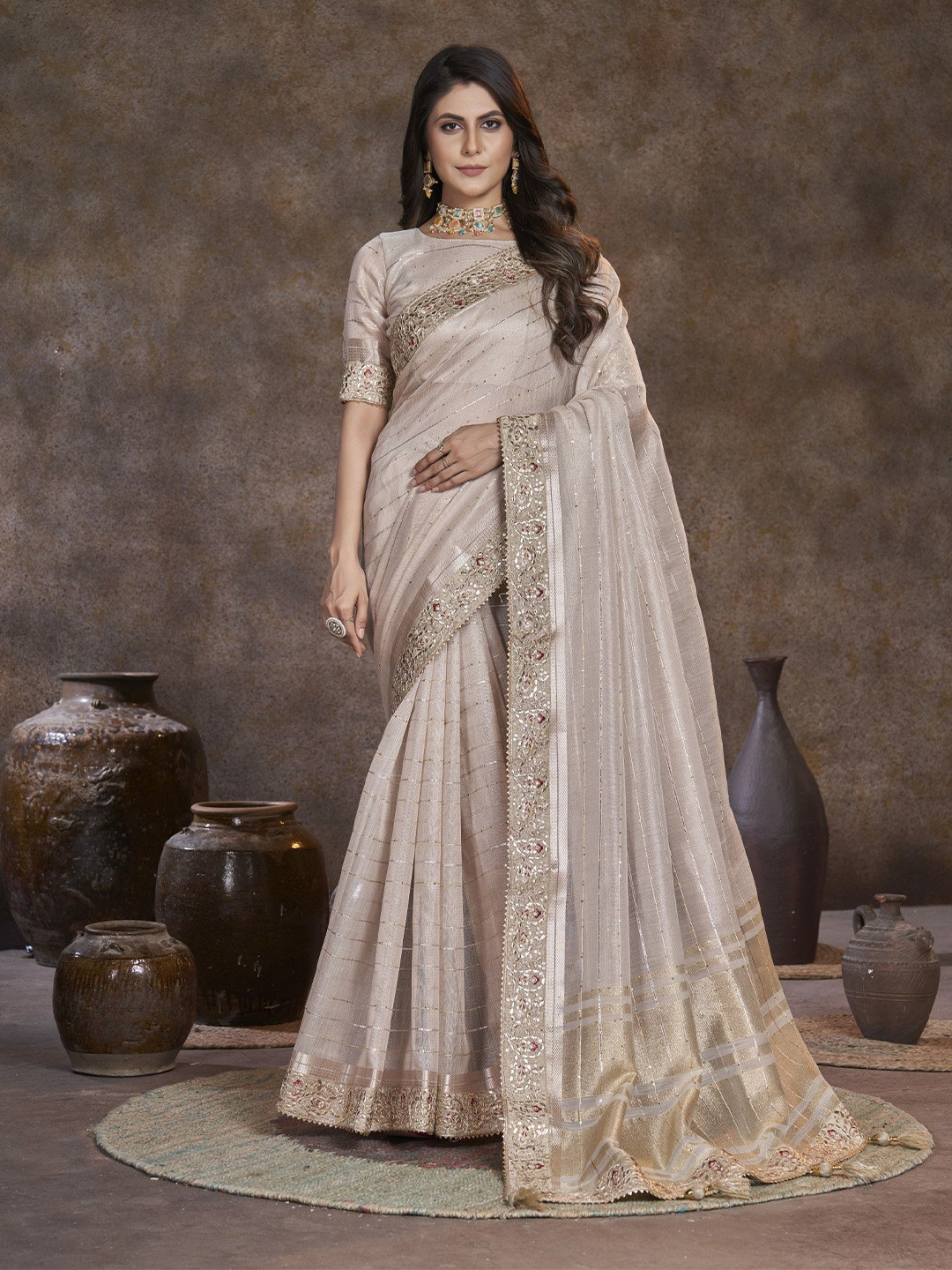 

Mitera Sequinned Saree, Beige