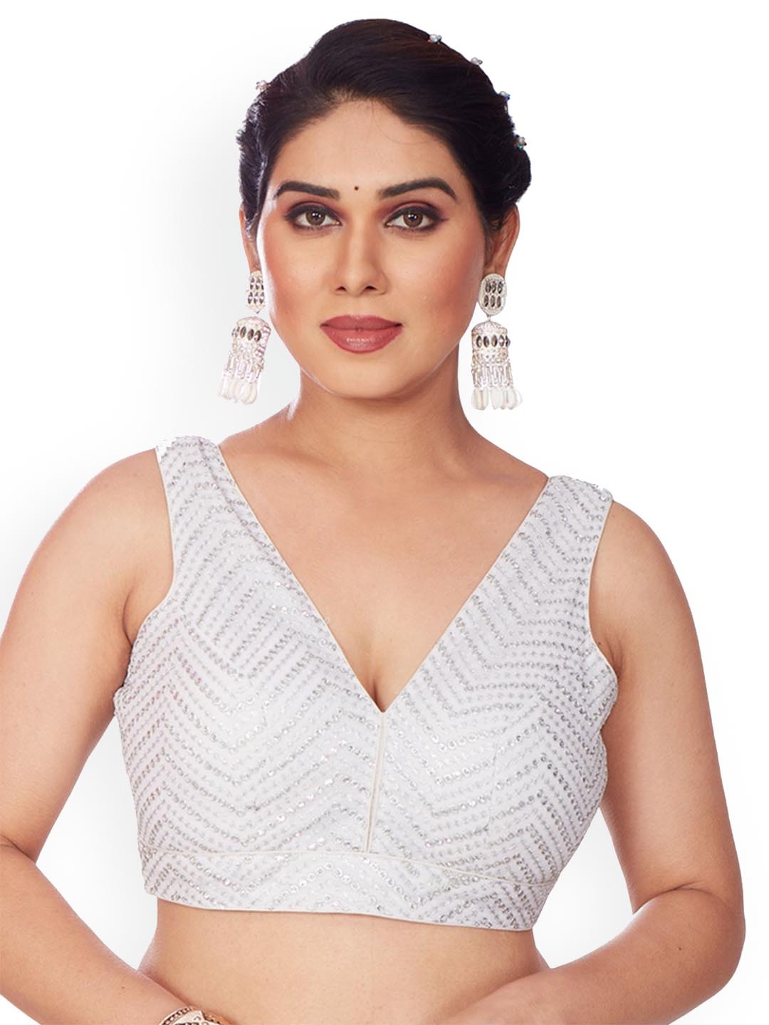 

Mmore Embroidered V- Neck Saree Blouse, Silver