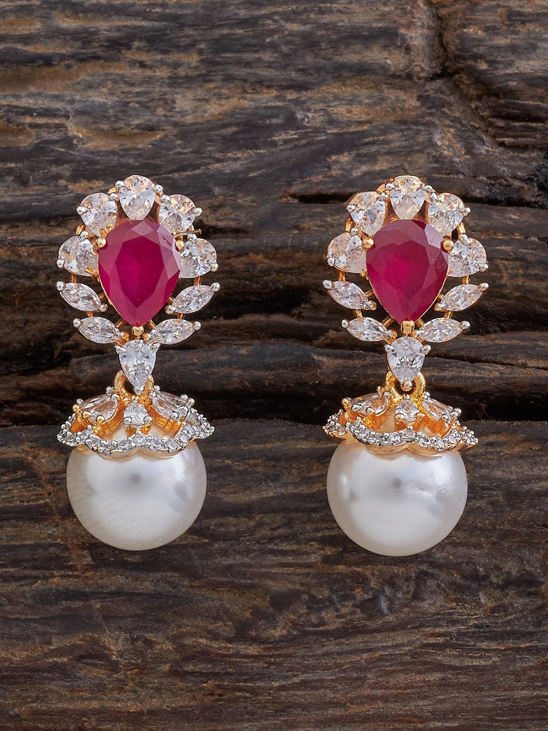 

Kushal's Fashion Jewellery Rhodium-Plated Cubic Zirconia Studded Leaf Shaped Drop Earrings, Gold