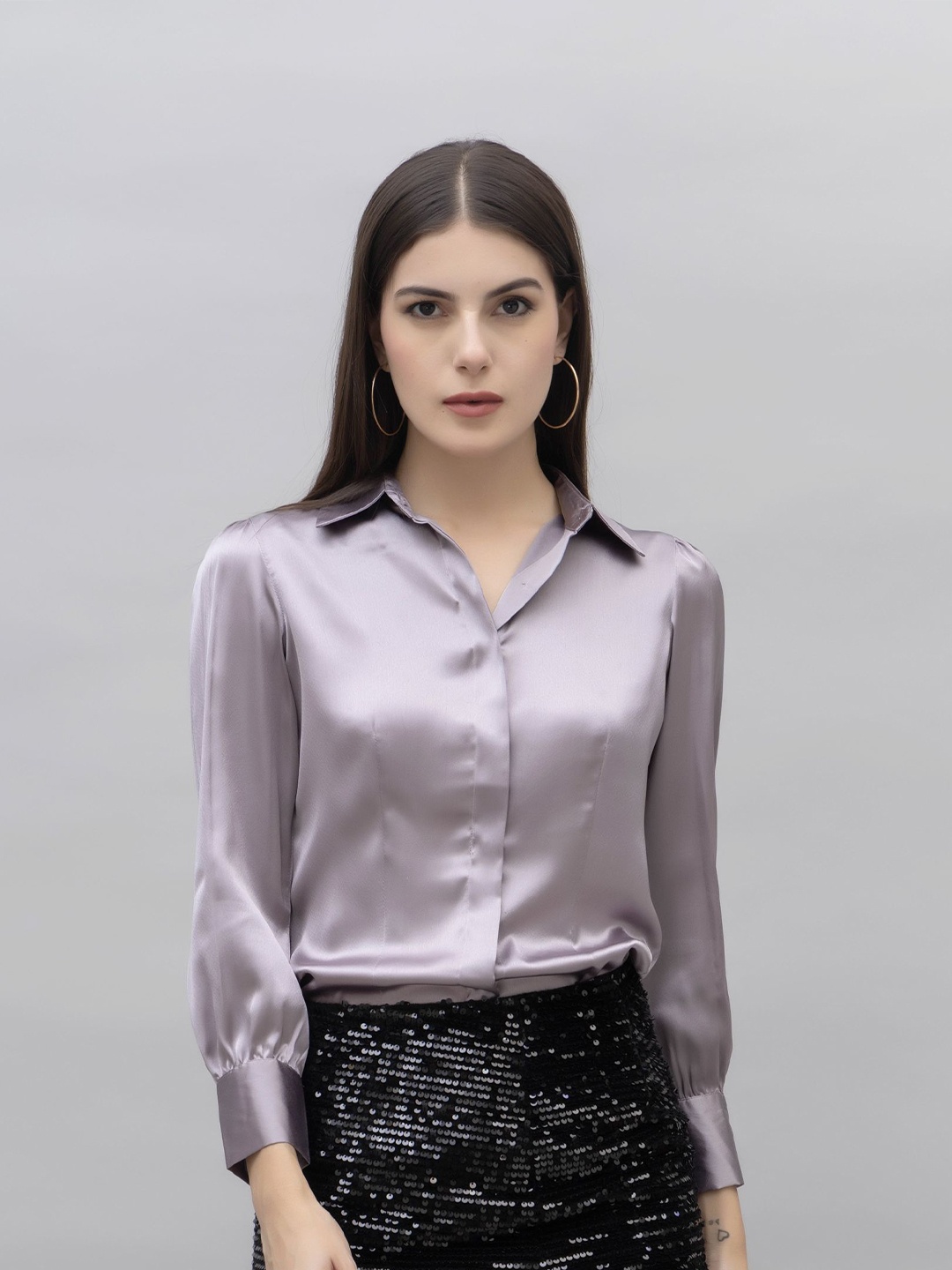 

PURYS WORKSPACE Women Classic Spread Collar Solid Formal Shirt, Lavender