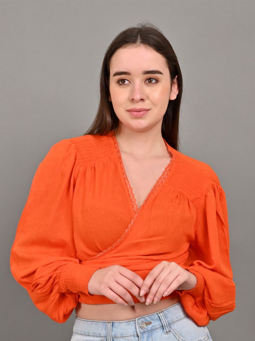

NoBarr Women Self Design V-Neck Top, Orange