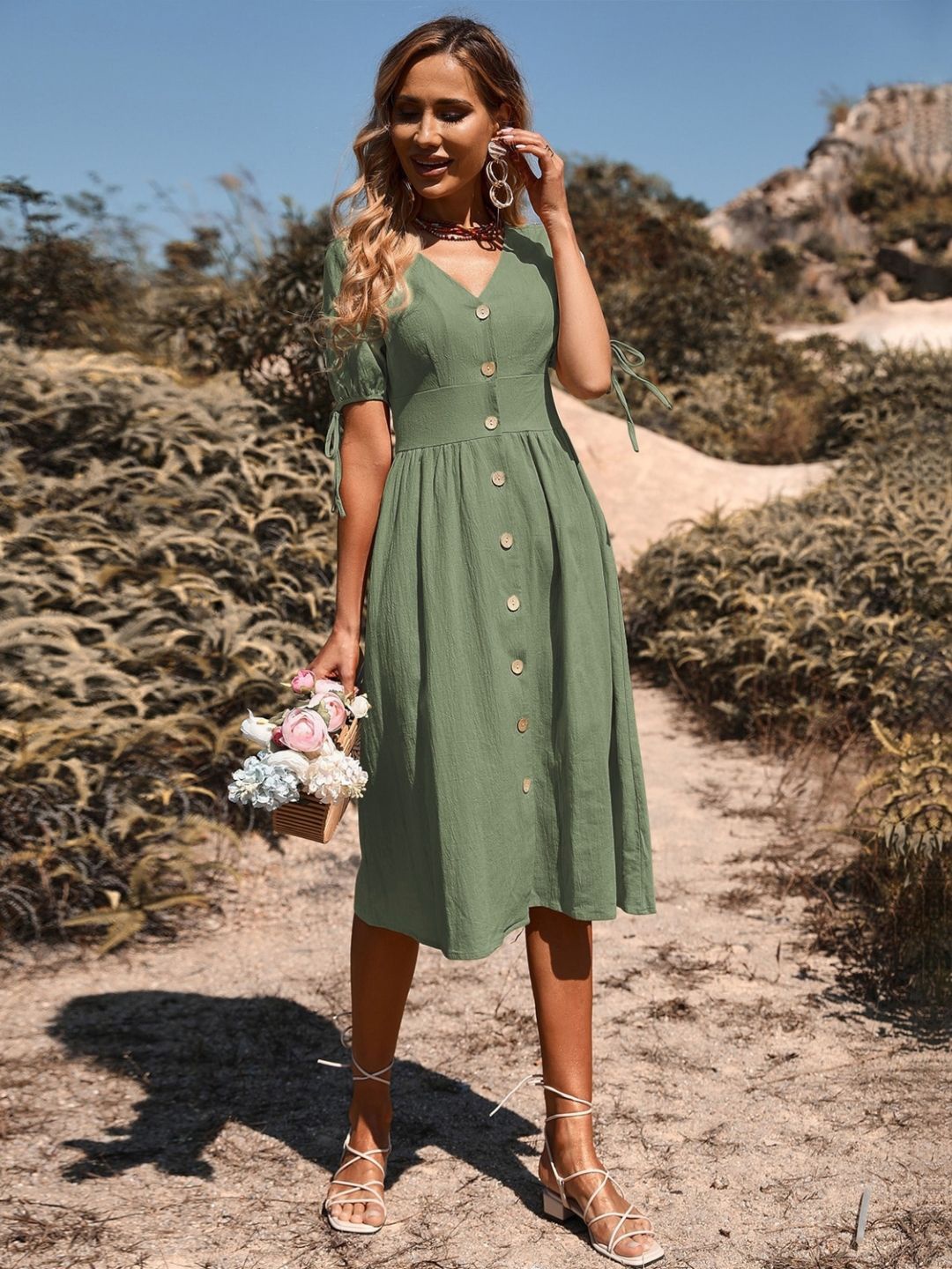 

KPOP Women V-Neck Solid Puff Sleeves Dress, Green