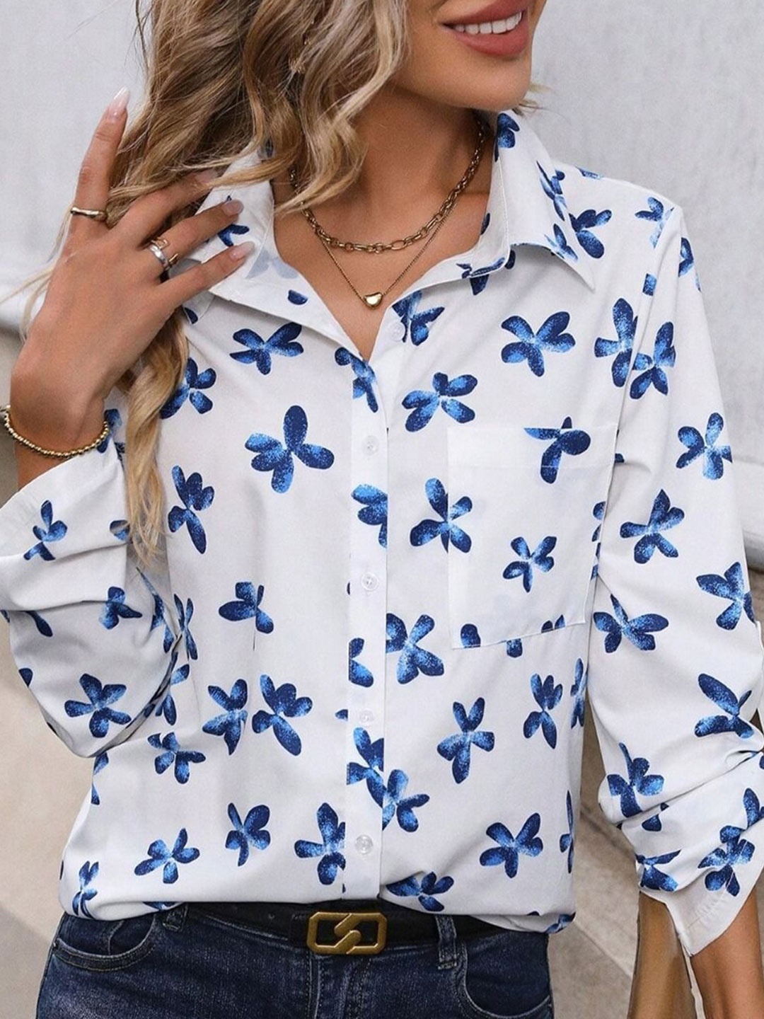 

KPOP Women Floral Printed Shirt Collar Top, White