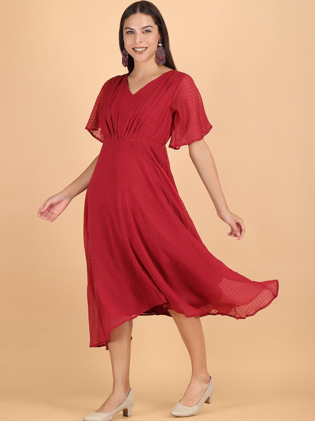 

Sipsew Women Self Design V-Neck Flared Sleeve Fit & Flare Dress, Maroon