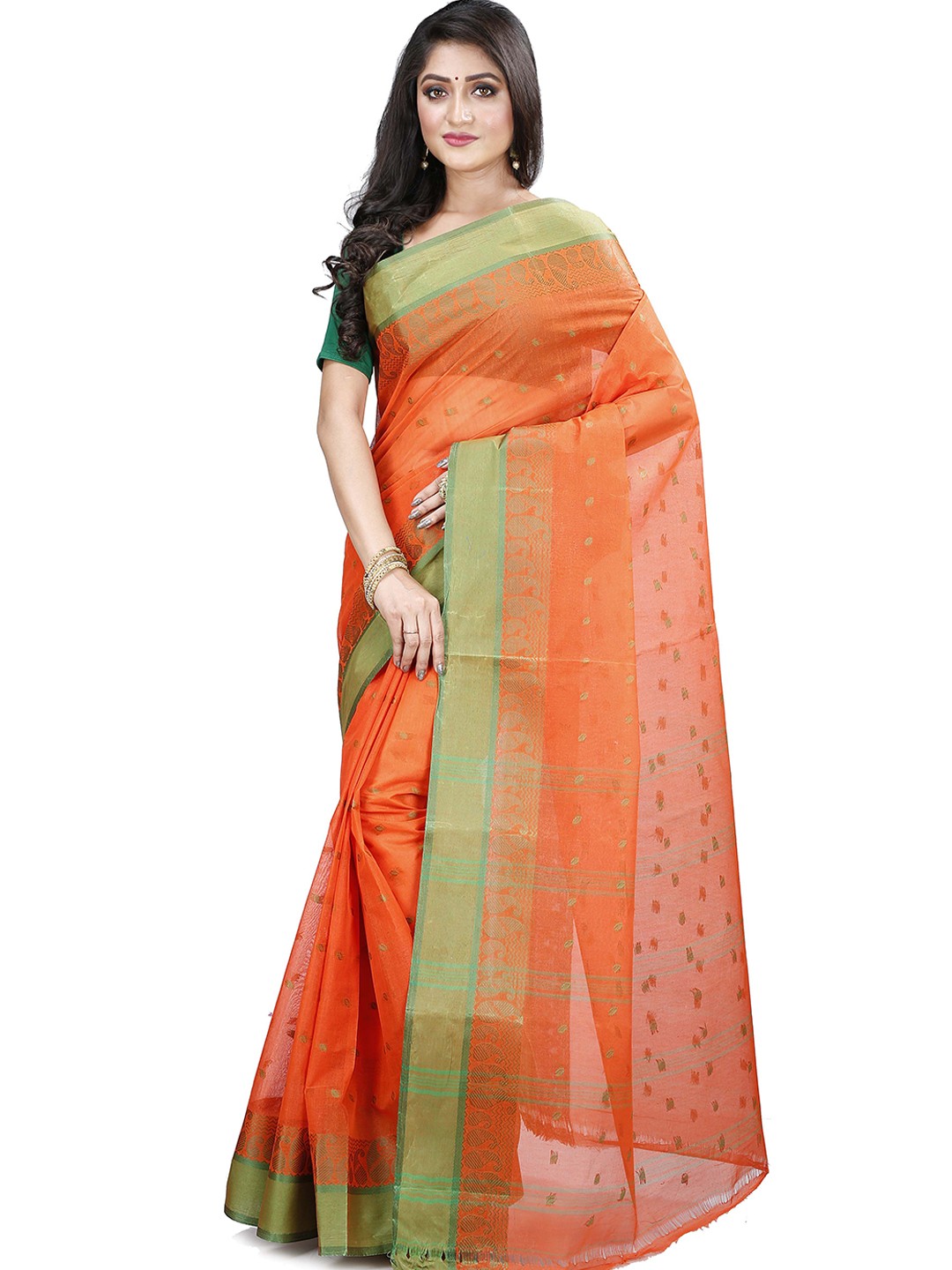 

DipDiya Woven Design Zari Pure Cotton Taant Saree, Orange