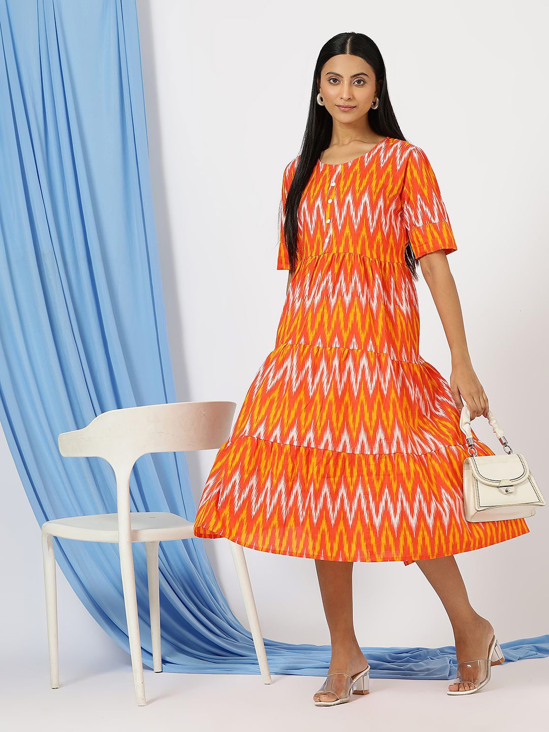 

Anushil Women Printed A-Line Midi Dress, Orange