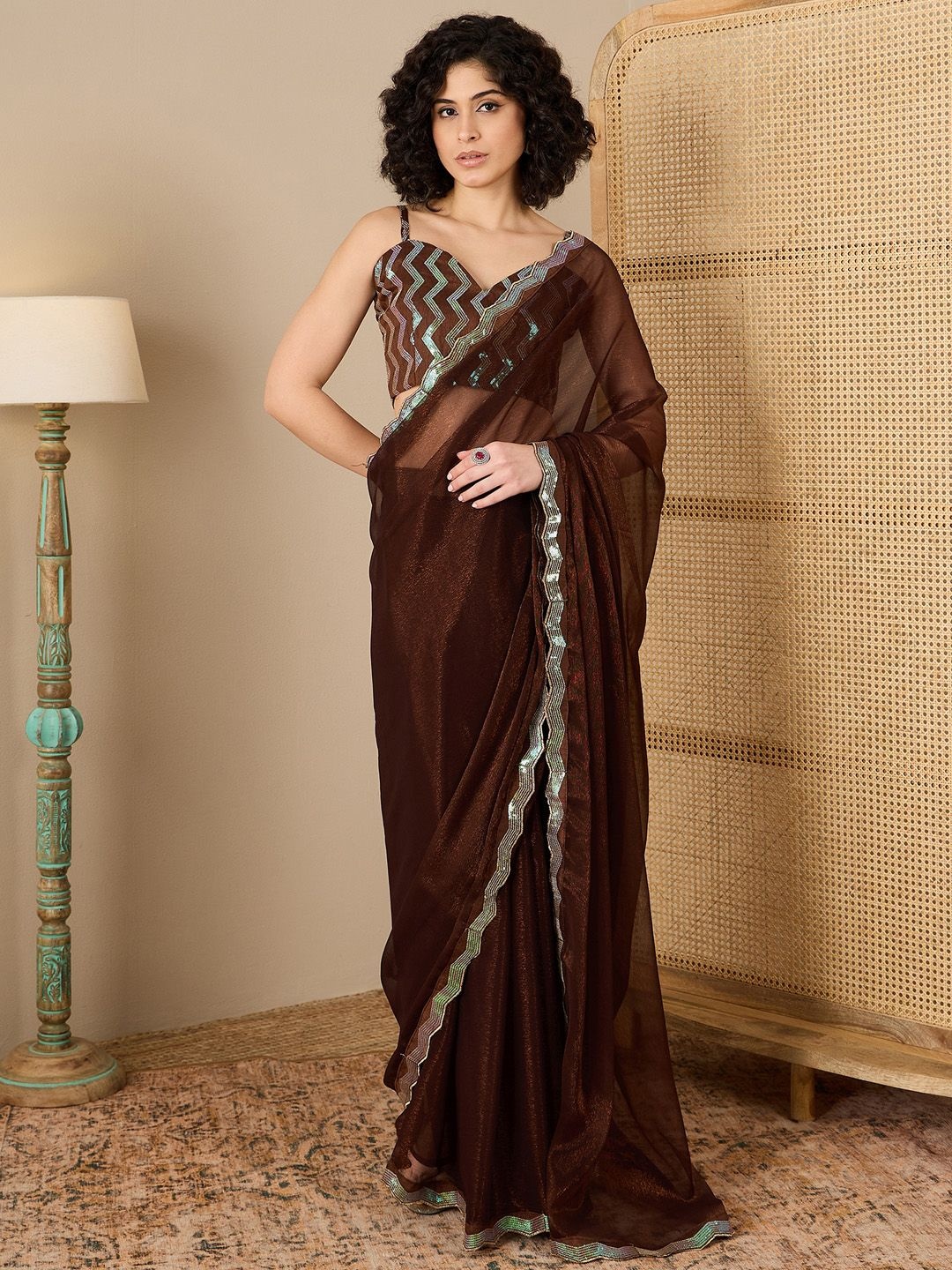 

Saree mall Sequinned Ready to Wear Sarees, Brown