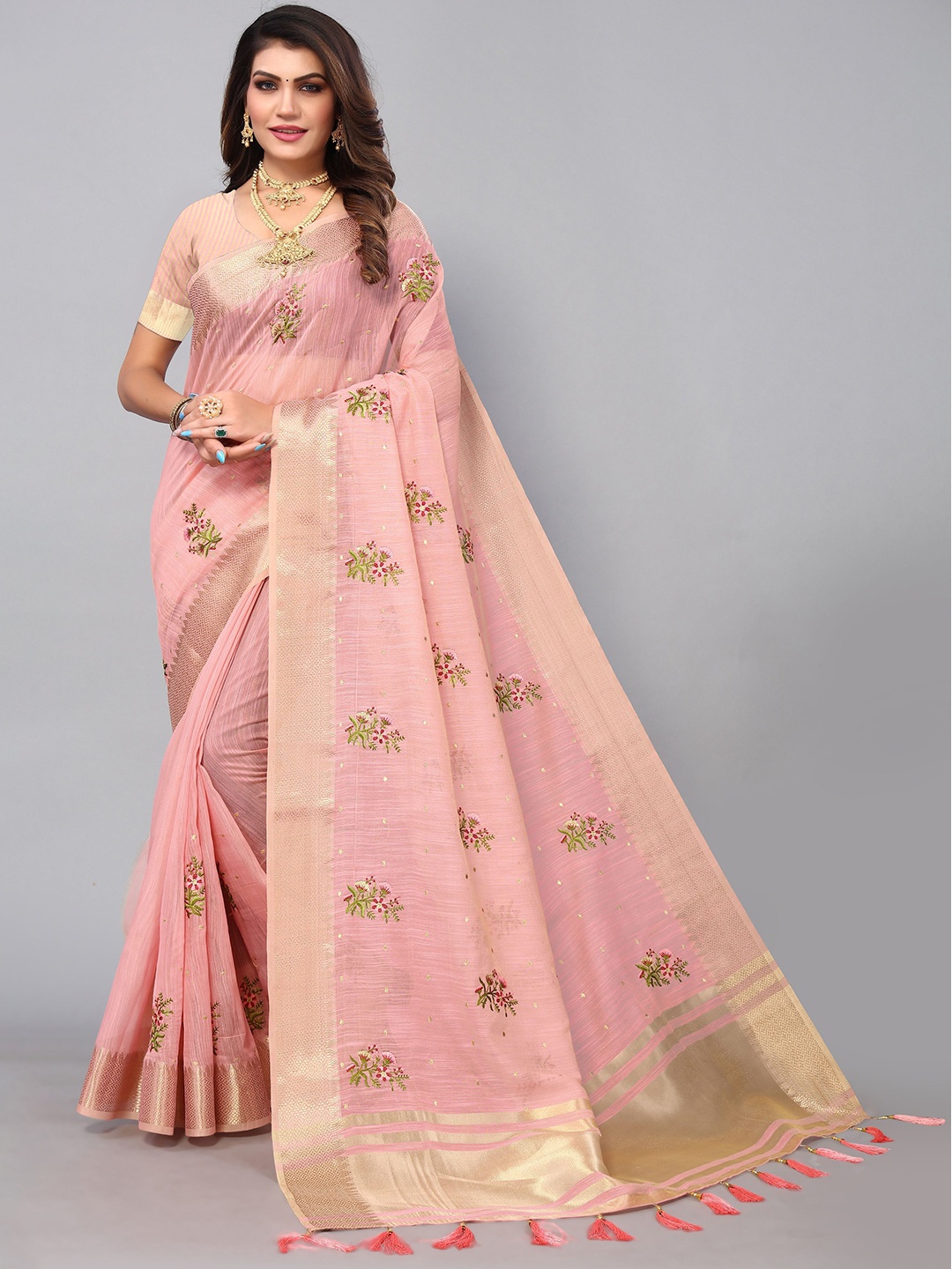 

VIRICA Floral Zari Party Wear Saree, Pink