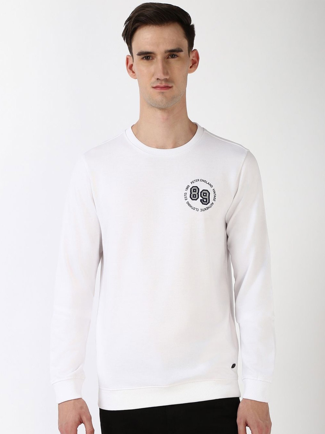 

Peter England Casuals Men Solid Round Neck Cotton Pullover Sweatshirt, White