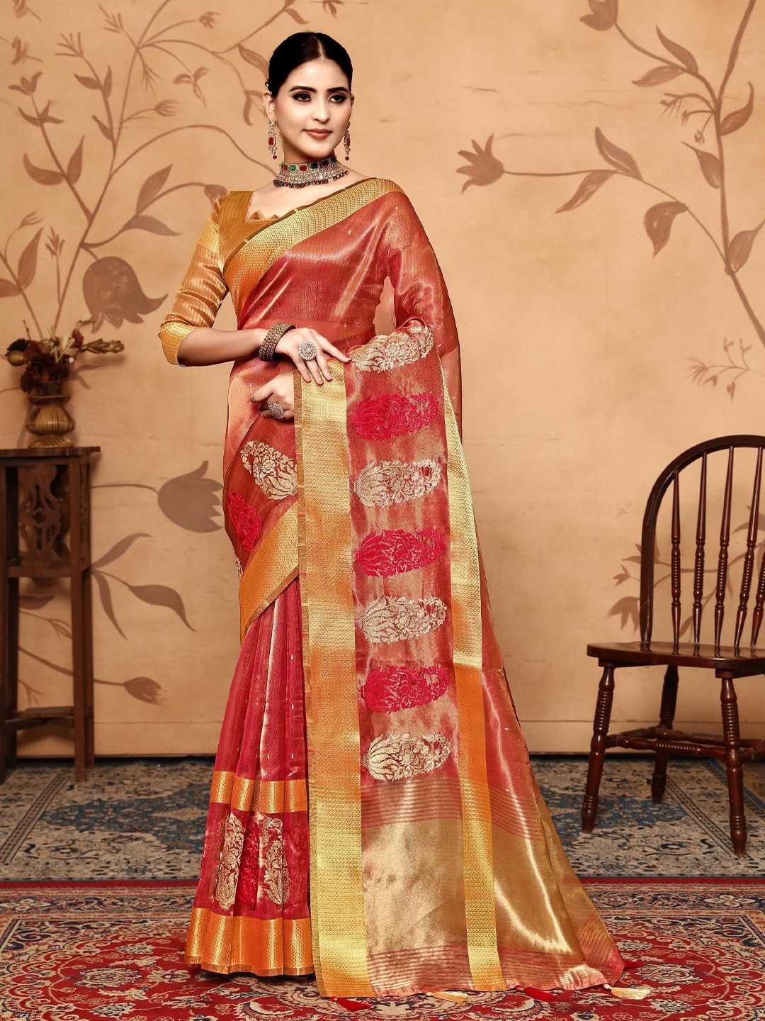 

VIRICA Paisley Embroidered Saree With Zari Border, Red