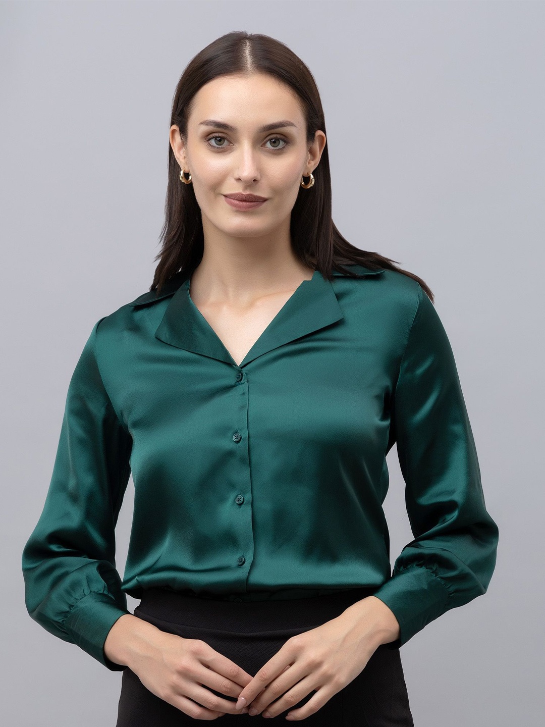 

PURYS WORKSPACE Women Classic Cuban Collar Solid Formal Shirt, Green