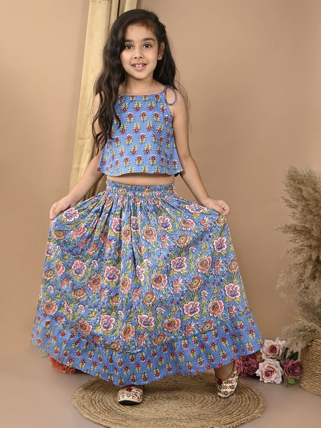 

Sangria Blue Girls Floral Printed Katha Work Cotton Ready to Wear Lehenga With Blouse