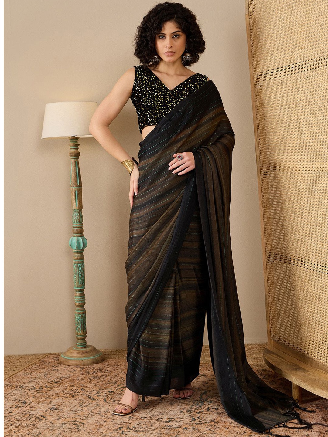 

Mitera Striped Ready to Wear Saree, Black