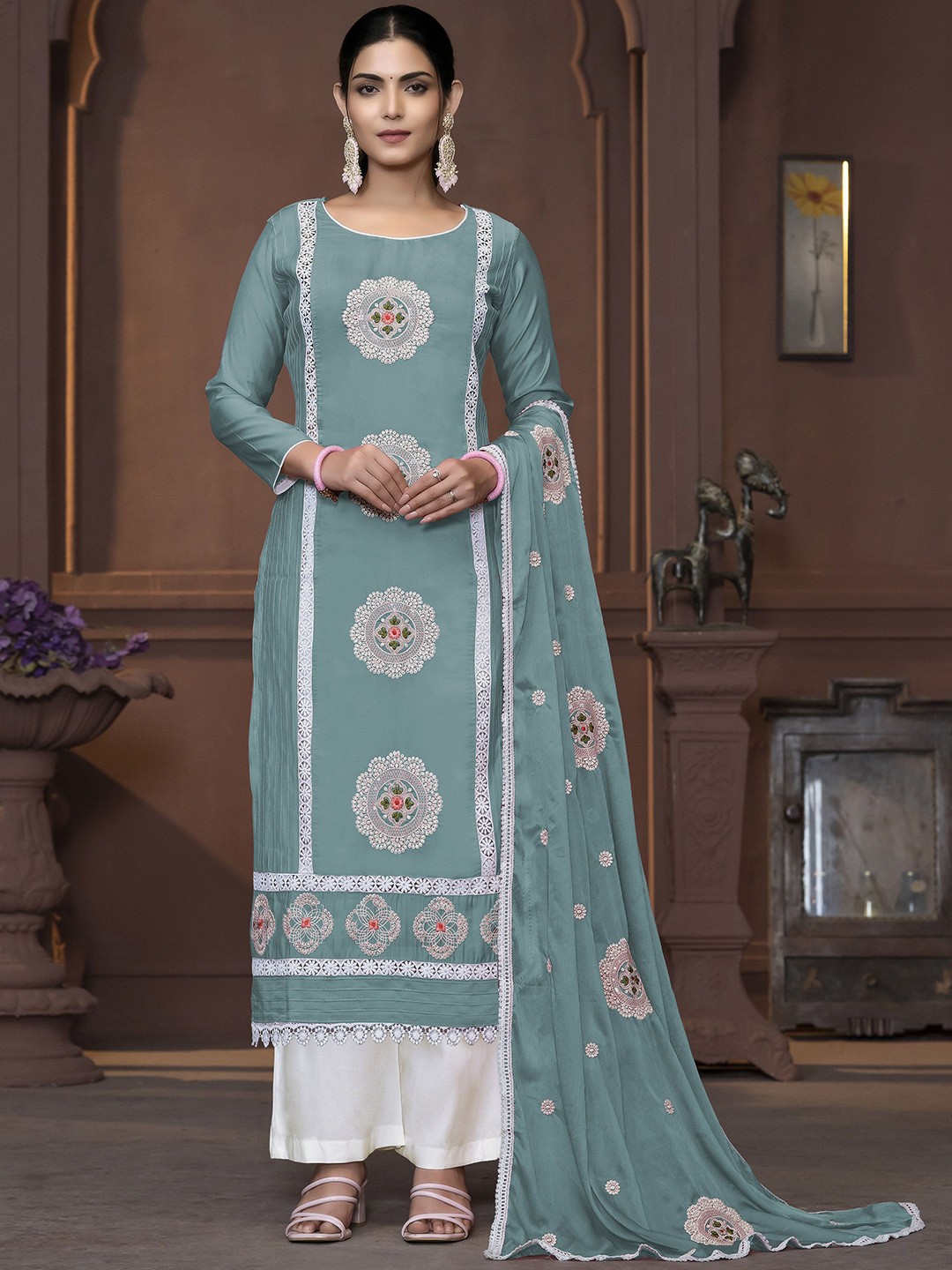 

MANVAA Floral Embroidered Unstitched Dress Material, Sea green