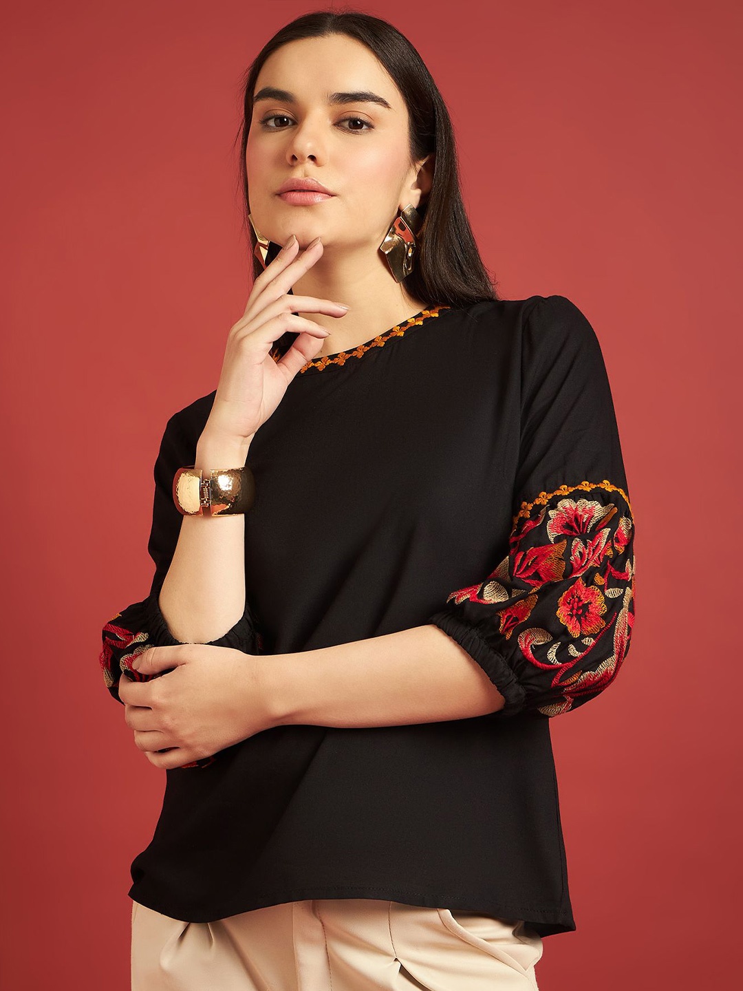 

all about you Women Floral Embroidered Round Neck Top, Black