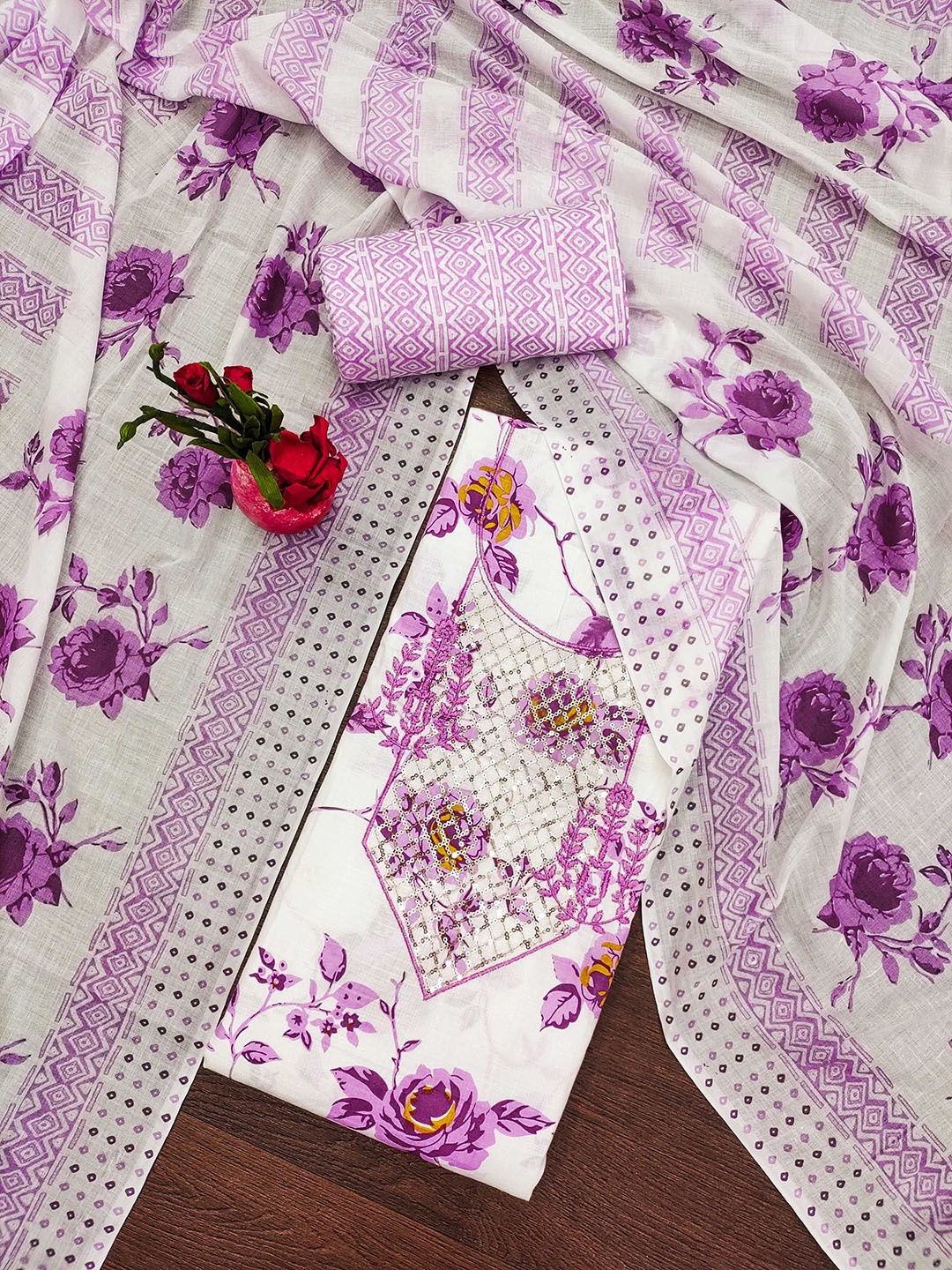 

KALINI Floral Printed Sequinned Unstitched Dress Material, Purple