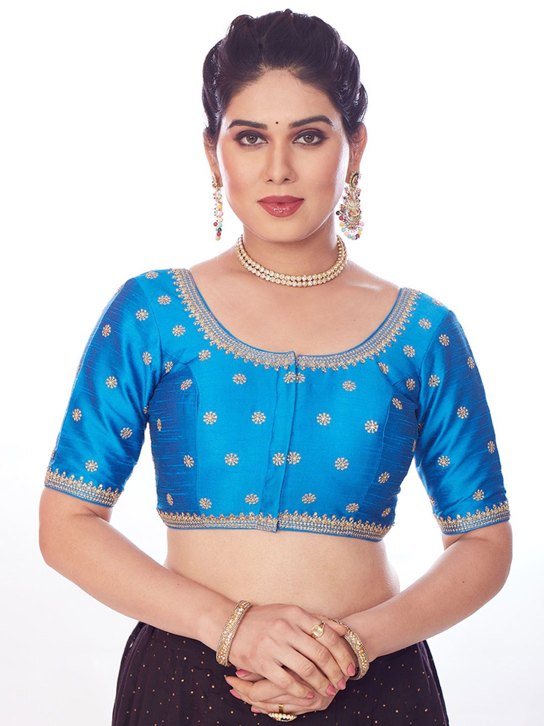 

Mmore Embroidered Padded Saree Blouse, Blue