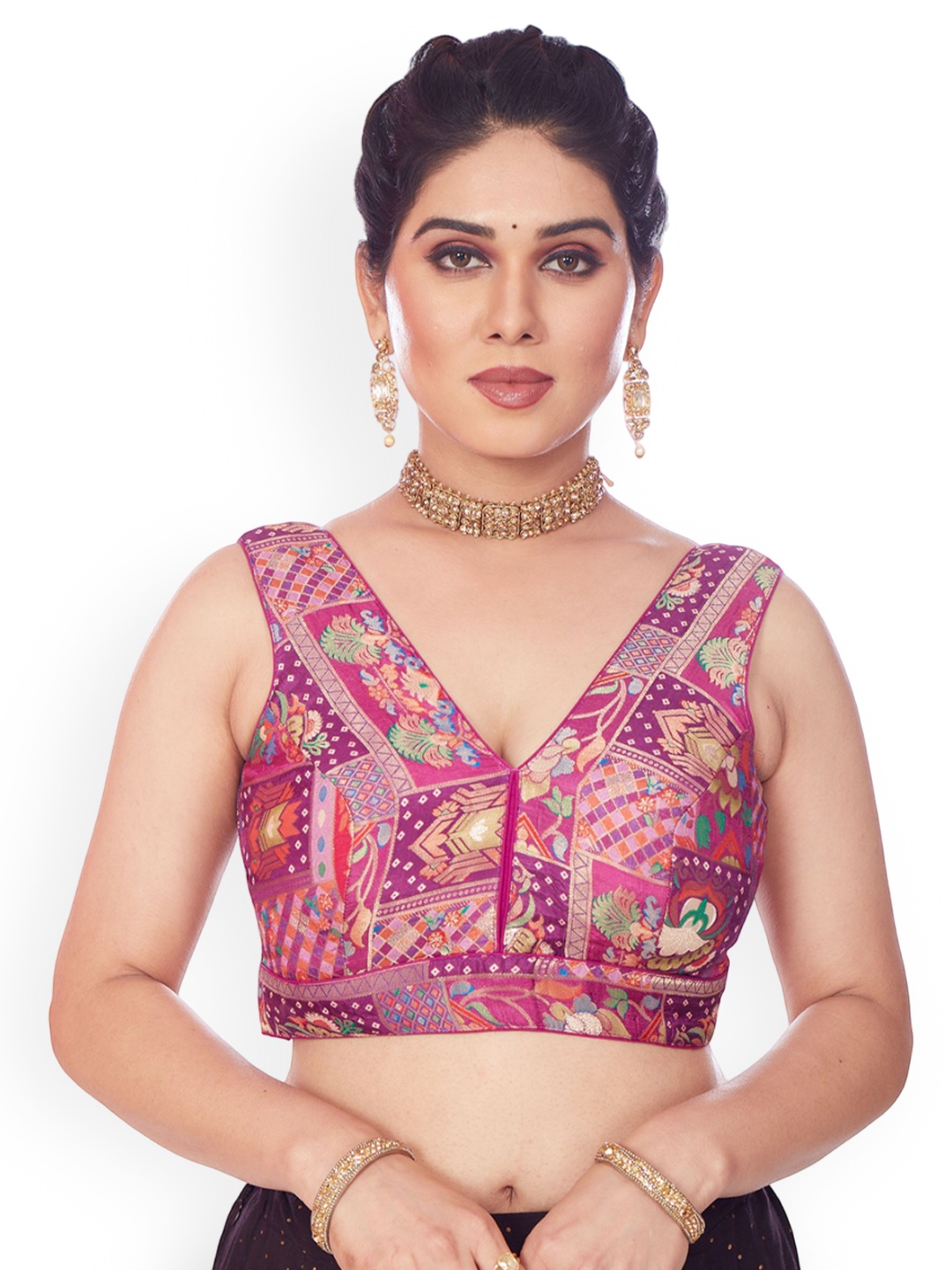 

Mmore Printed Padded Saree Blouse, Purple