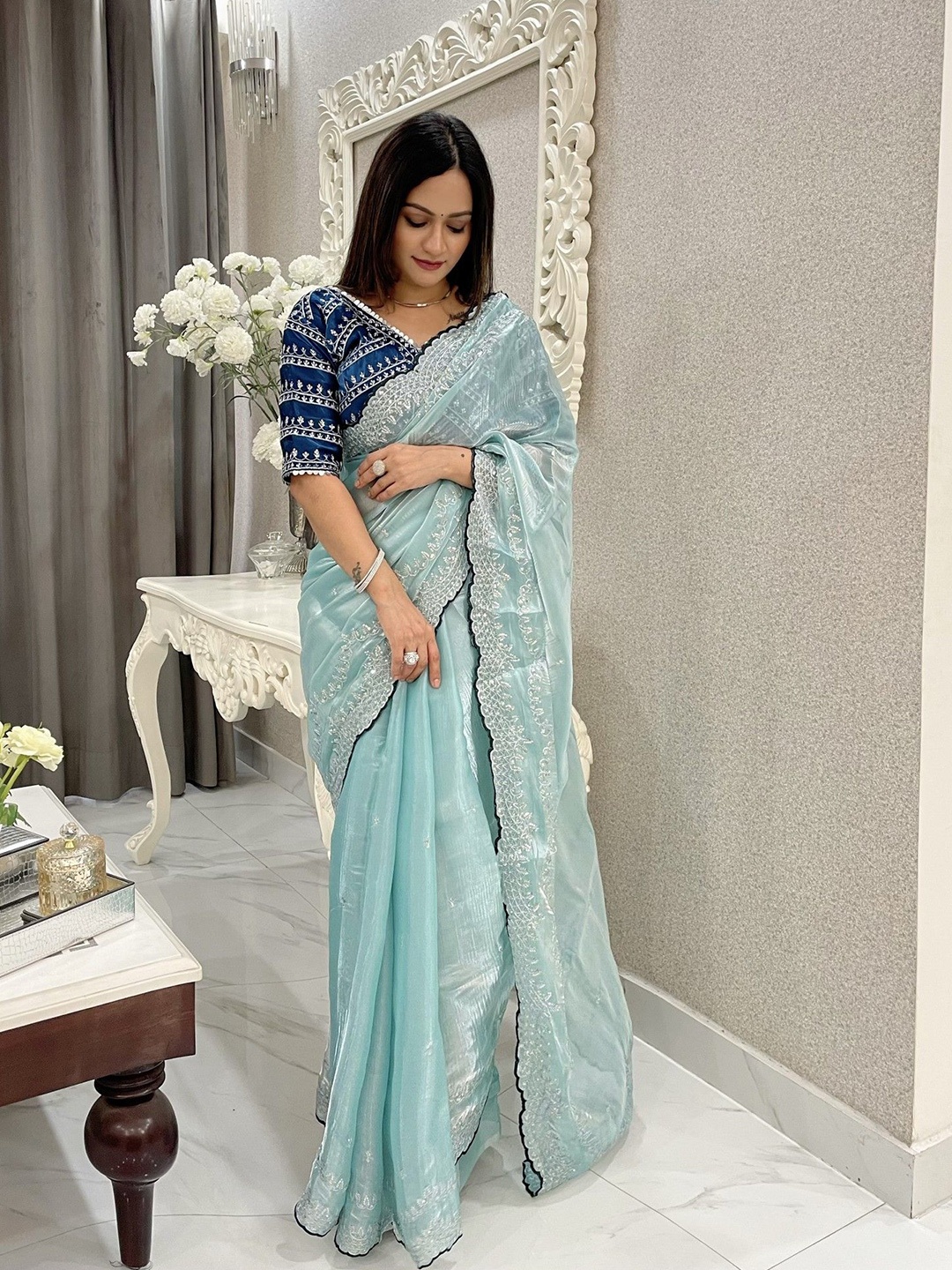 

LeeliPeeri Designer Embroidered Ethnic Motifs Zari Heavy Work Saree, Blue