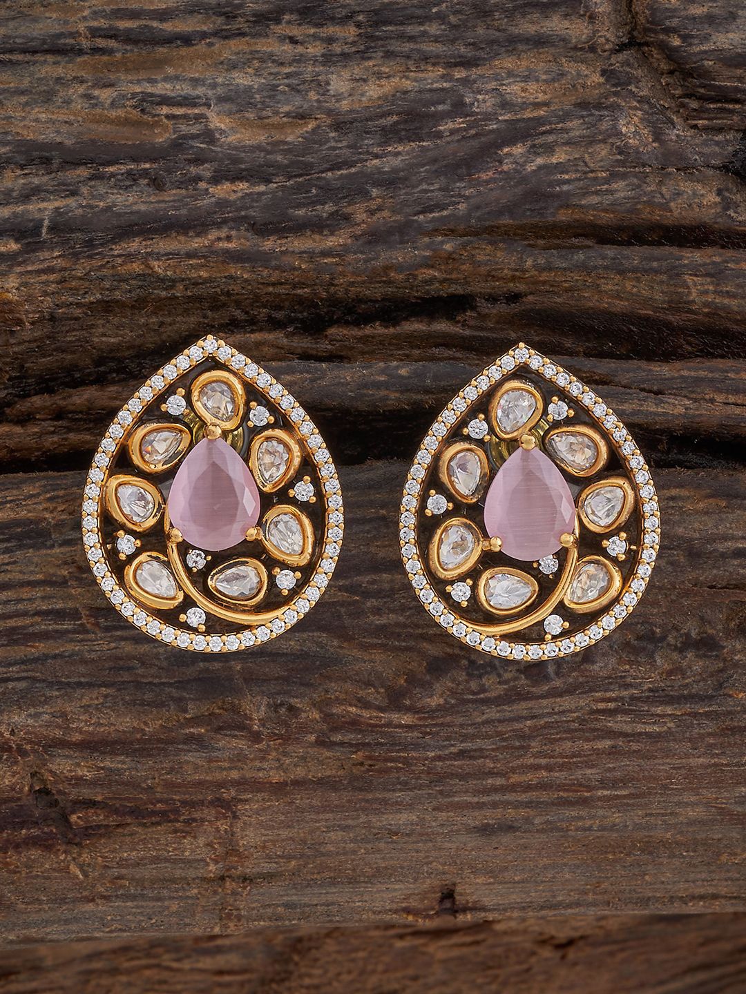 

Kushal's Fashion Jewellery Gold-Plated Teardrop Shaped Kundan Studs, Pink