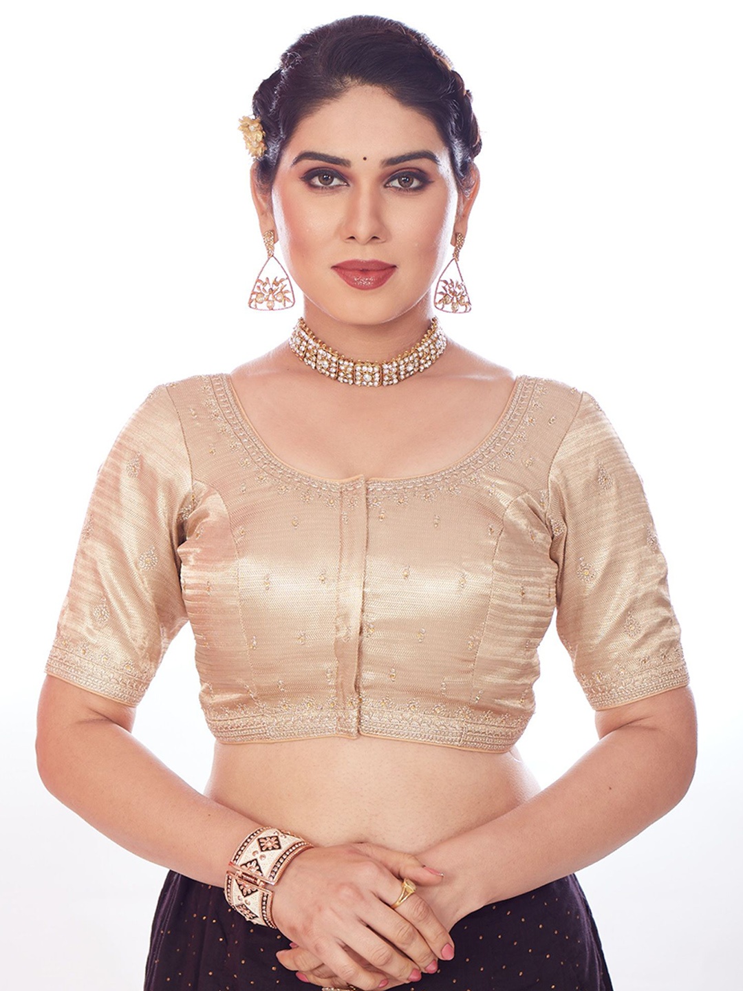 

Mmore Embroidered Padded Saree Blouse, Gold