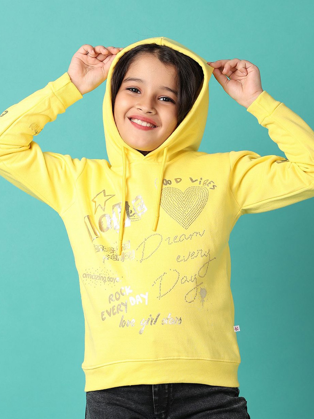 

V-Mart Girls Typography Printed Hood Cotton Pullover Sweatshirt, Yellow