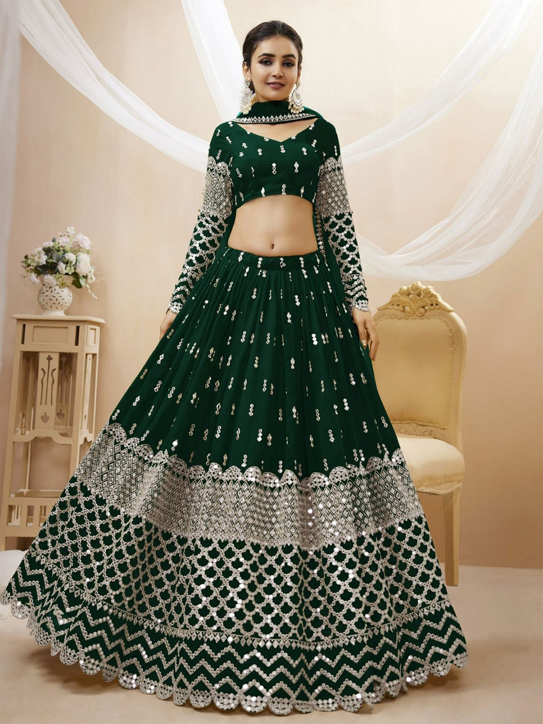 

ODETTE Embroidered Mirror Work Semi-Stitched Lehenga & Unstitched Blouse With Dupatta, Green